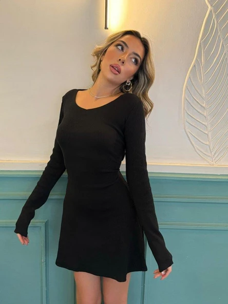 Kadın Uzun Kollu Bisiklet Yaka Kısa Kaşkorse Elbise ürün görseli