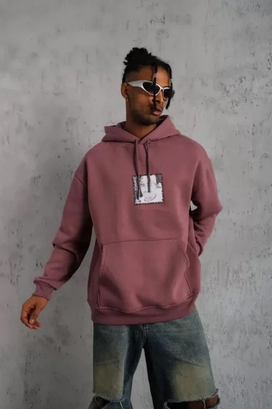 Erkek Ön Arka Baskılı Kapşonlu Sweat - Gül Kurusu - Resim 3