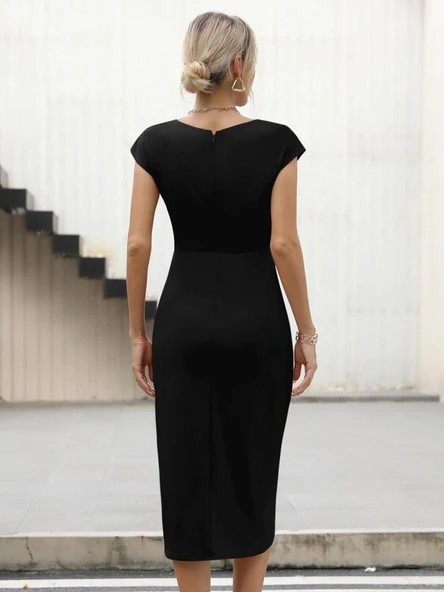 Kadın Yarım Ay Kollu Bisiklet Yaka Yandan Drapeli Ithal Krep Elbise - Resim 3