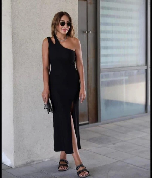 Kadın Sıfır Kol Tek Omuz Damla Detay JanJan Krep Elbise - Resim 5