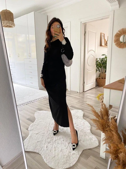 Kadın Uzun Kollu Bisiklet Yaka Belden çapraz Bağlamalı Yandan Yırtmaçlı Uzun Viskon Iki Iplik Elbise - Resim 3