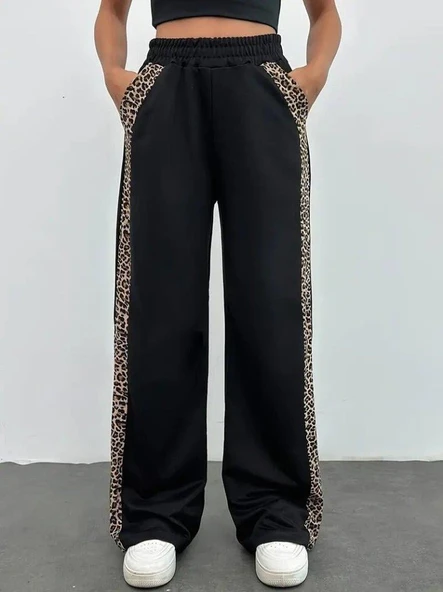 Kadın Yüksek Bel Bağcıklı Yanları Leopar Desenli Viskon Iki Iplik Pantolon - 5