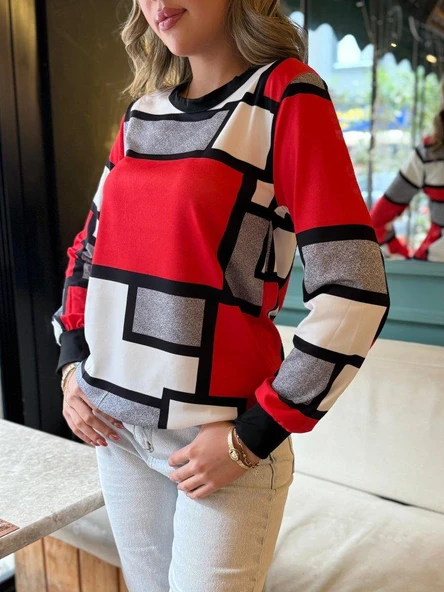 Kadın Uzun Kollu Bisiklet Yaka Renkli Blok Baskı Dalgıç Bluz ürün görseli