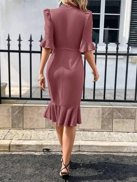 Kadın Kısa Kollu Yarı Balıkçı Yakalı Etek Ucu Fırfırlı Midi Ithal Krep Elbise - Resim 3