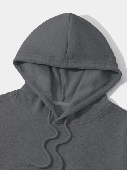 Erkek Düz Kapüşonlu Sweat - Füme - Resim 3