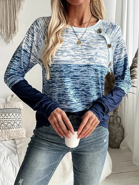 Kadın Uzun Kollu Yuvarlak Yaka Baskılı Düğme Detay Süprem Bluz - Resim 7