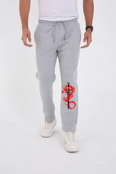 Kışlık Üç İplik Baskılı Eşofman Pantolon - Gri - Resim 2