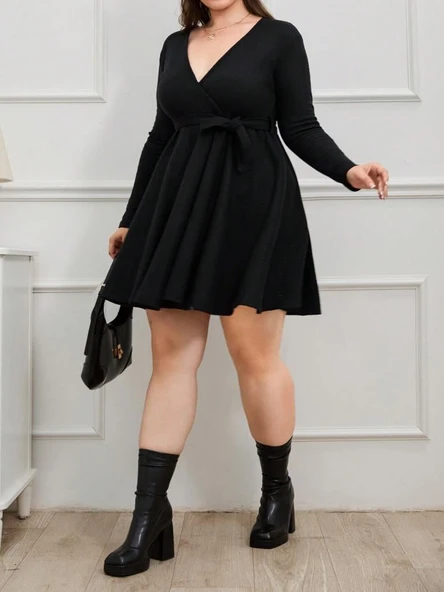 Kadın Uzun Kollu Kruvaze Yaka Kuşak Detay Salaş şardonlu Kaşkorse Mini Elbise - Resim 4