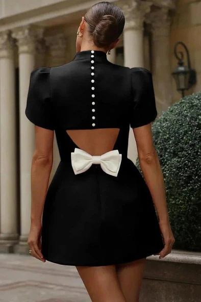 Kadın Kısa Kollu Balıkçı Yaka Arkadan Kelebek Dekolte Detaylı Kısa Atlas Elbise ürün görseli