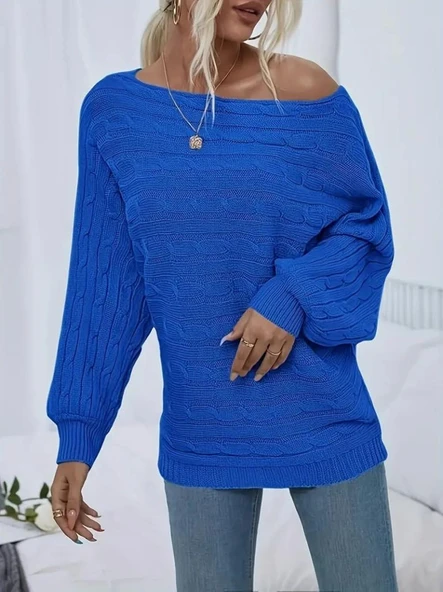 Kadın Uzun Kollu Yakası Açık Saç örgü Desenli Triko Bluz - Resim 5