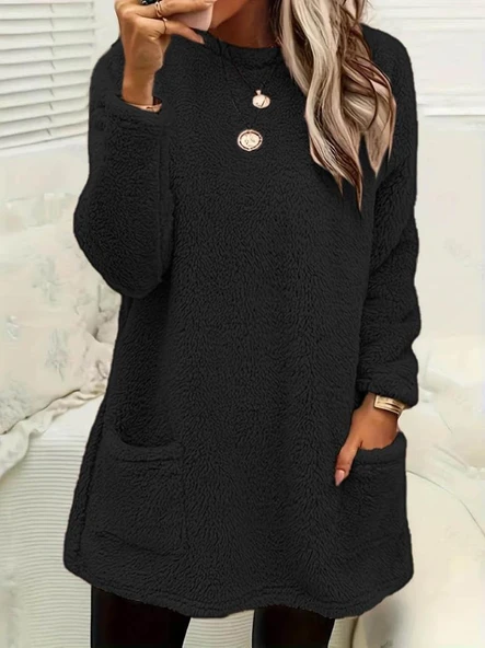 Kadın Uzun Kollu Yuvarlak Yakalı Cepli Peluş Bluz ürün görseli