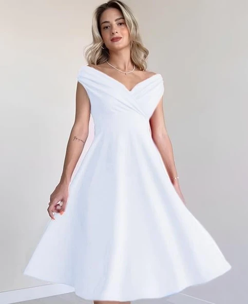 Kadın Kısa Kollu Kruvaze Yaka Eteği Volanlı Krep Elbise - Resim 2