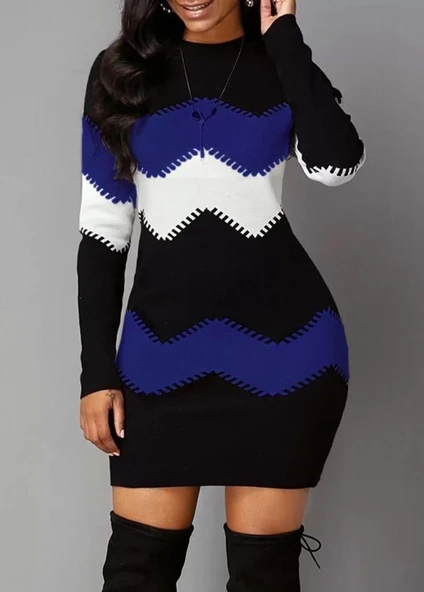 Kadın Uzun Kollu Zigzag Desen Triko Elbise ürün görseli