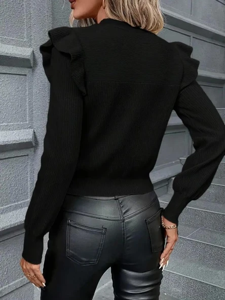 Kadın Uzun Kollu Bisiklet Yaka Omuzları Fırfırlı Triko Bluz - Resim 3