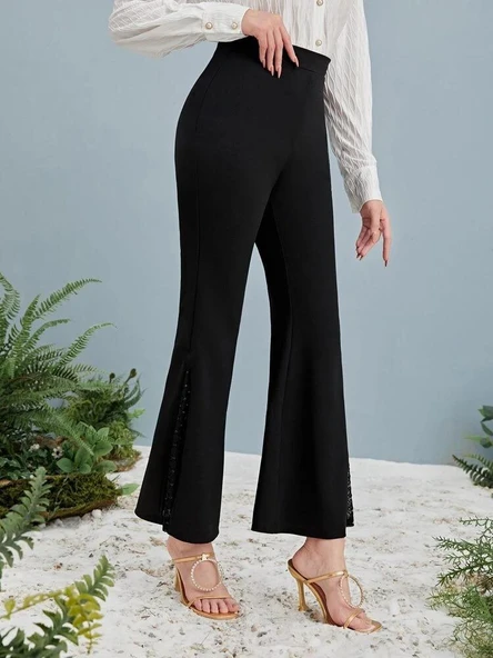 Kadın Yüksek Bel Yanları Tül Detaylı Dalgıç Tayt Pantolon - Resim 5