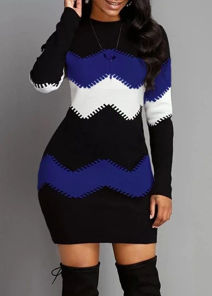 Kadın Uzun Kollu Zigzag Desen Triko Elbise - Resim 5