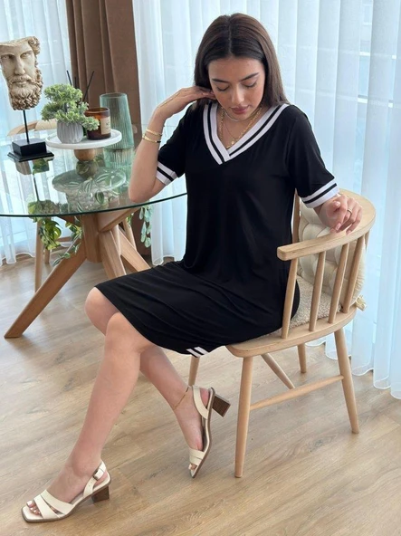 Kadın Kısa Kollu V Yaka Ribana Detaylı Cepli Dizüstü Viskon Elbise ürün görseli