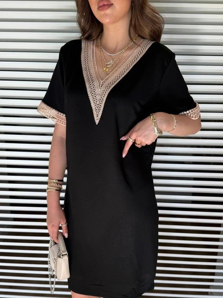 Kadın V Yaka Güpürlü İki İplik Elbise - Resim 2