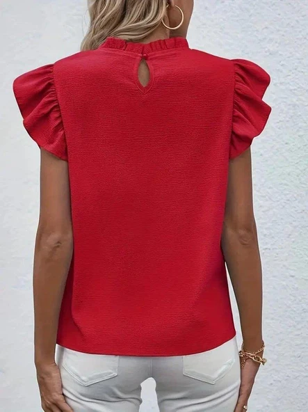 Kadın Kısa Kollu Fırfır Yakalı Bürümcük Bluz - Resim 5