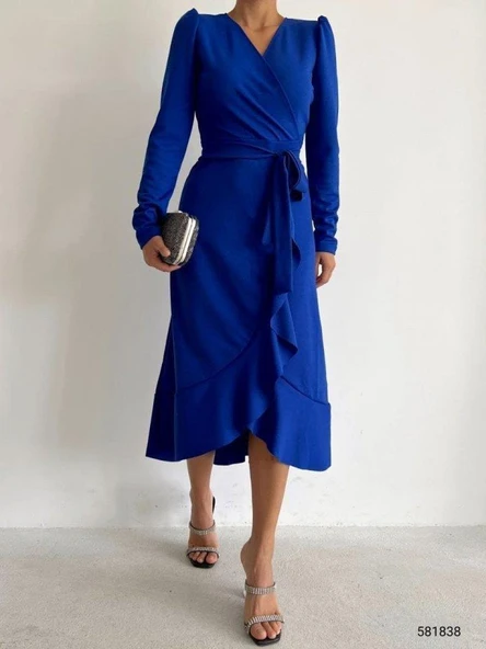 Krep Kumaş Midi Boy Kuşaklı Uzunkol Elbise - Resim 11