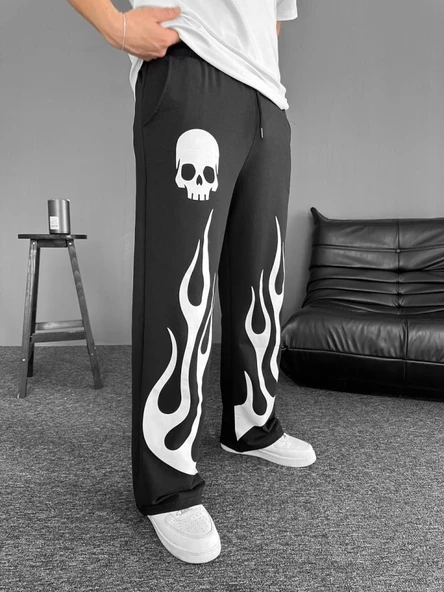 İki İplik Baskılı Kumaş Baggy Alt Esofman - Siyah - Resim 2