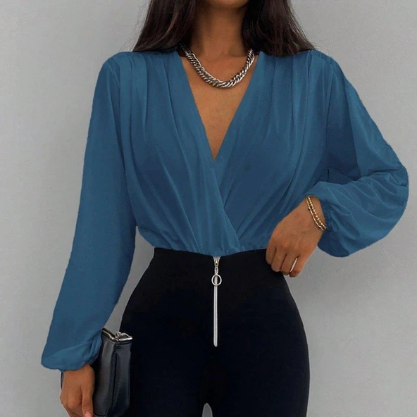 Kadın Uzun Kollu Kruvaze Yaka Sandy Bluz - Resim 2