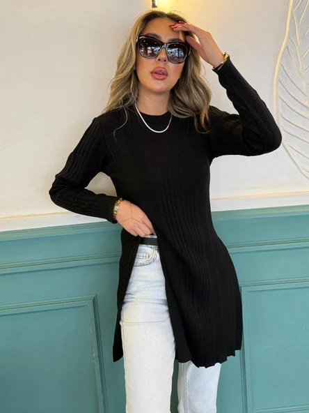 Kadın Uzun Kollu Bisiklet Yaka Iki Yandan Yırtmaç Detay Triko Bluz - Resim 5