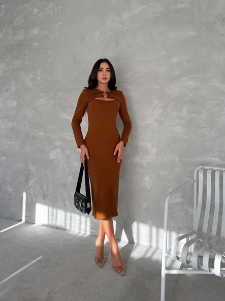 Kadın Uzun Kollu Halka Ve Pencere Dekolte Detay Fırsat ürün Midi Boy Elbise - Resim 3