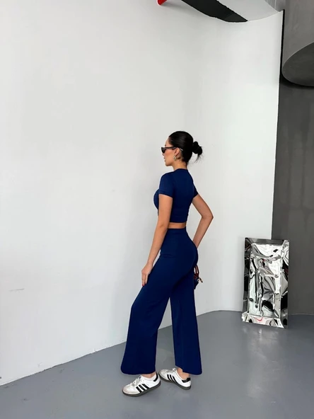 Osy Modal Yumuşak Dokulu Kumaş Kısa Kollu Crop Alt Ispanyol Paça Pantalon Ikili Takım - Lacivert - 1