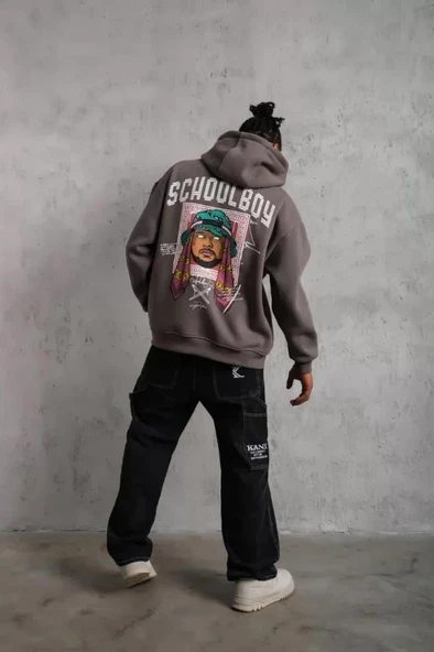 Erkek SCHOOL BOY Baskılı Kapüşonlu Sweat - Gri - Resim 3