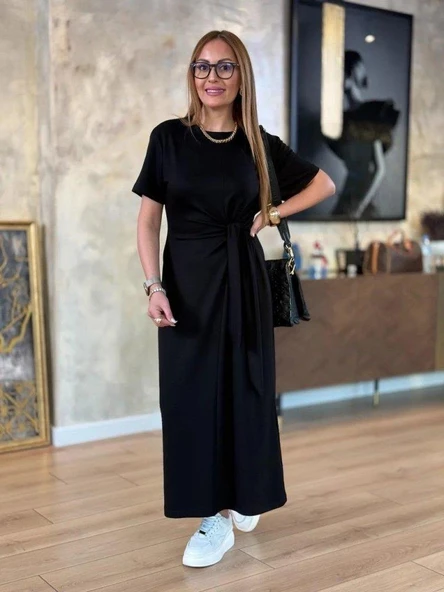 Kadın Kısa Kollu Bisiklet Yaka Yandan Bağlamalı Viskon Iki Iplik Elbise - Resim 3