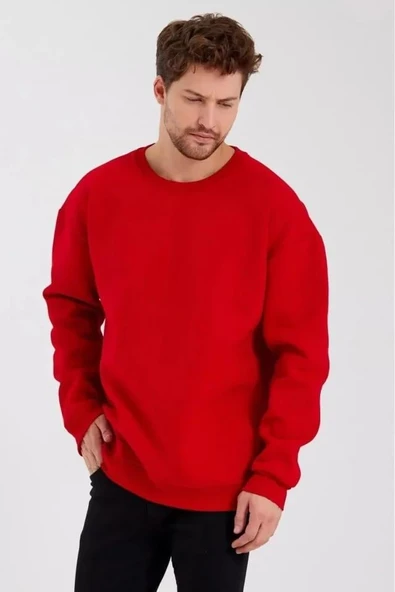 Erkek Düz Renk Bisiklet Yaka Sweat - Kırmızı ürün görseli