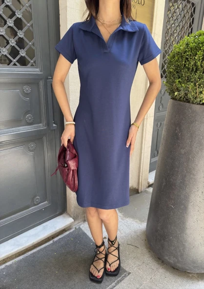 Osy Modal Yumuşak Dokulu Kumaş Yakalı Kısa Kollu Elbise - Mavi - Resim 2