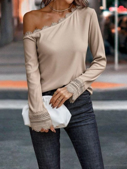 Kadın Uzun Kollu Tek Omuzu Açık Dantelli Burgu Bluz - Resim 3