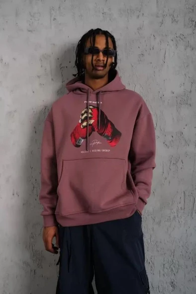 Erkek Eldiven Baskılı Kapüşonlu Sweat - Gül Kurusu - Resim 2