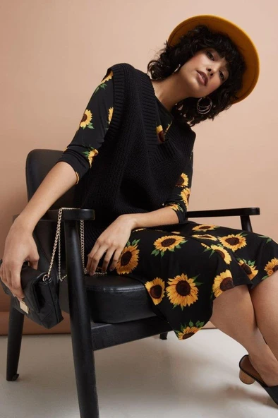 Kadın Truvakarkol Bisiklet Yaka Midi Mikro Elbise - Resim 2