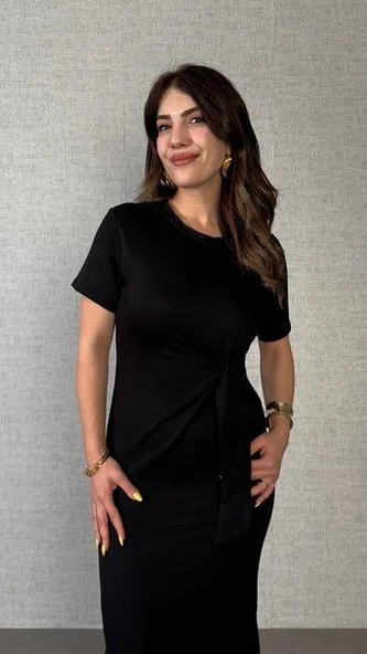 Kadın Kısa Kollu Bisiklet Yaka Yandan Bağlamalı Viskon Iki Iplik Elbise - Resim 9