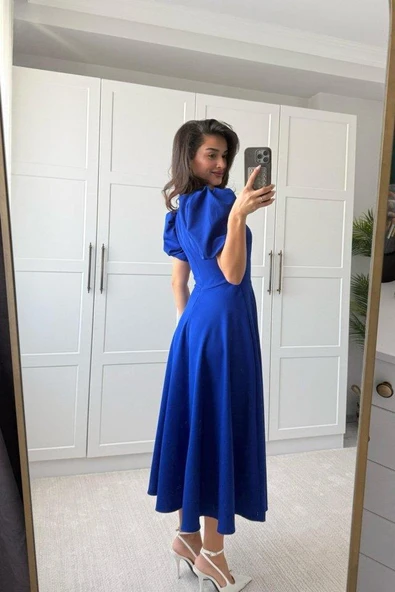 Kadın Kısa Balon Kollu Bisiklet Yaka Geniş Kesim Janjan Krep Elbise - Resim 6