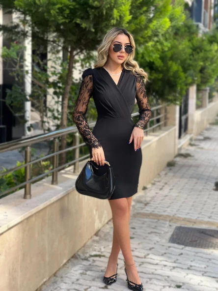 Kadın Uzun Kollu Kruvaze Yaka Kollar Tül Detay Krep Mini Boy Elbise - Resim 5