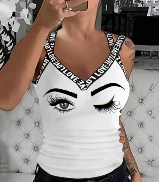 Kadın çapraz şeritli Göz Baskılı Viskon Bluz - Resim 2