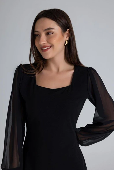 Kadın Kare Yaka Kolları Tül Sandy Kumaş Fırsat ürün Mini Siyah Elbise - Resim 7