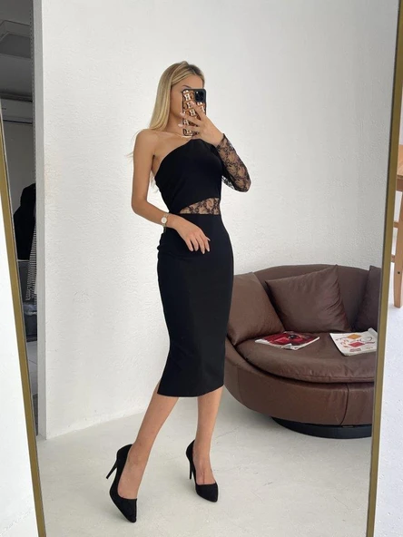 Kadın Siyah Tek Kol Dantel Detay Krep Elbise - Resim 10