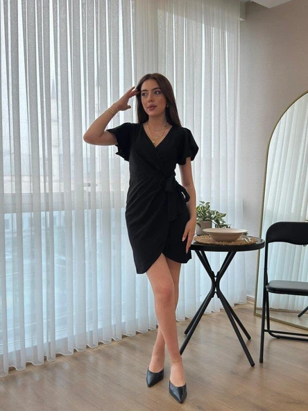 Kadın Kısa Kollu Kruvaze Yakalı Belden Bağlamalı Ithal Krep Elbise ürün görseli