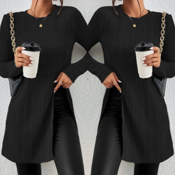 Kadın Uzun Kollu Bisiklet Yaka Iki Yandan Yırtmaç Detay Triko Bluz - Resim 3