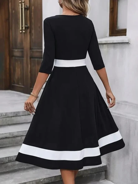 Kadın Truvakarkol Yakası Açık Blok Renkli Krep Midi Elbise - Resim 4