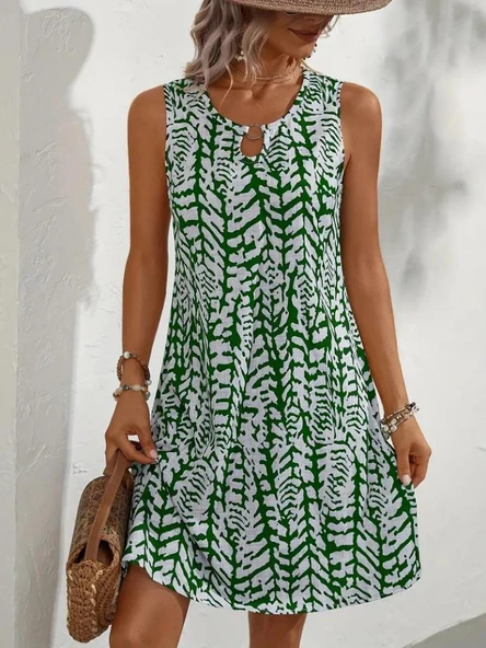 Kadın Sıfır Kol Yakadan Halka Detaylı Desenli Kısa Bürümcük Elbise - Resim 3