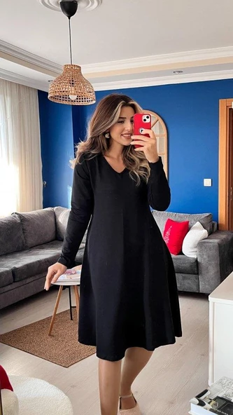 Kadın Uzun Kollu V Yakalı Salaş Midi Iki Iplik Elbise - Resim 2