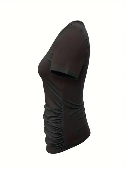 Kadın Kısa Kollu Yakası Açık Lazer Kesik Detaylı Viskon Bluz - Resim 5