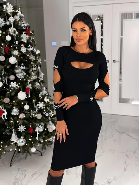 Kadın Dekolte Detaylı Scuba Dalgıç Kumaş Taş Aksesuarli Elbise - Resim 4