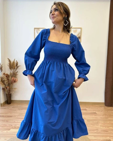 Kadın Uzun Kollu Kare Yakalı Gipeli Uzun Trikoton Elbise - Resim 10